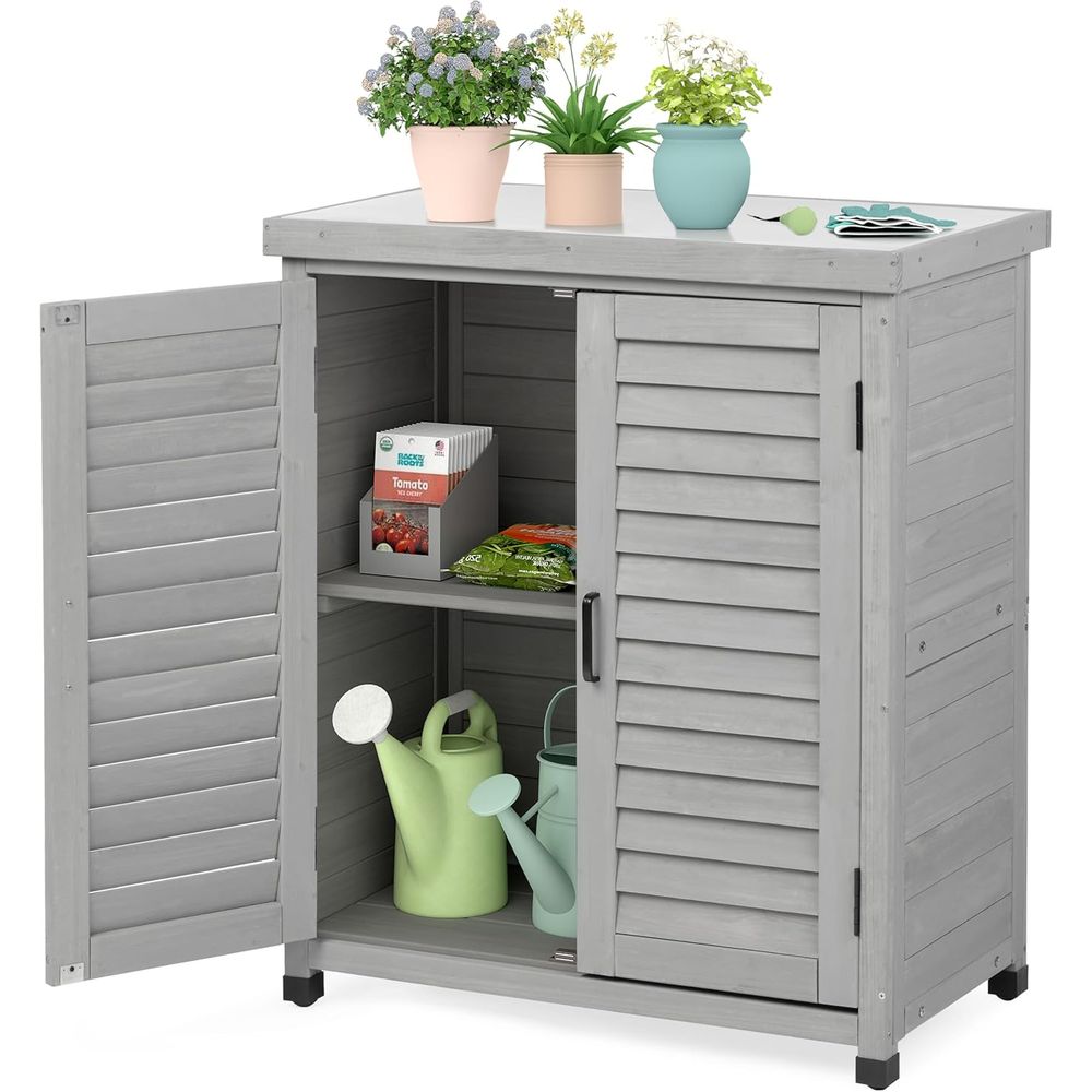 Garden Bench Metal - 屋外収納キャビネット＆植木鉢置き台 メタルトップ木製パティオ家具 ガーデンワークステーション アクセントグレー 36x31x17インチ