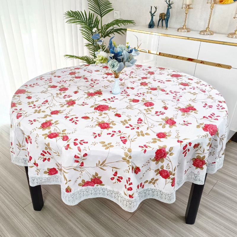 Outdoor Furniture Year Round - PVCフラワー柄ラウンドテーブルクロス レース付き アメリカンカントリー 防水テーブルカバー 防汚家具プロテクター パーティー用
