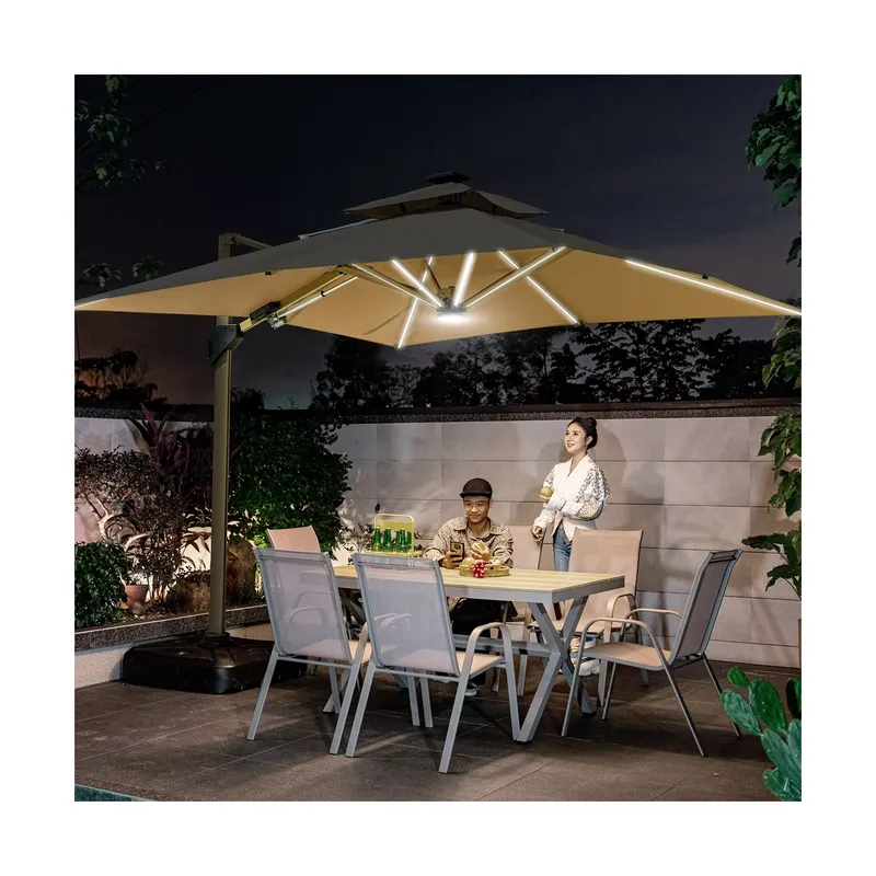 Outdoor Furniture Brand - 280グラムのキャノピーポリエステル製高級人気屋外家具セット傘ブランドカスタマイズソーラーパワーライトパラソル