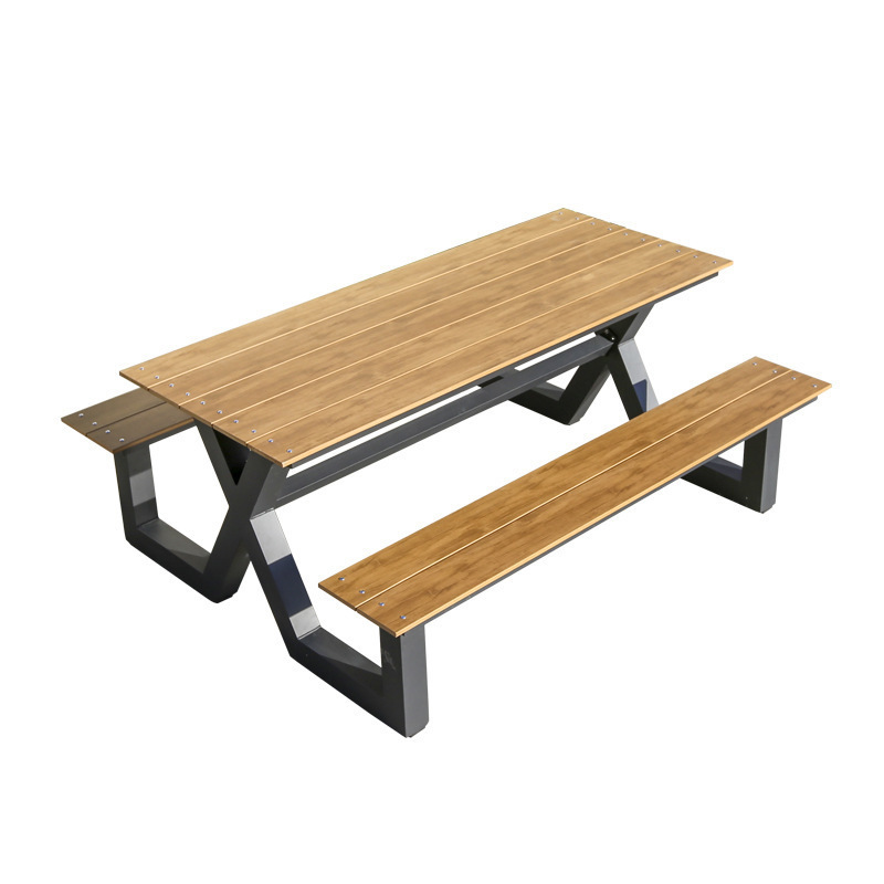 Garden Bench Metal - 屋外用防水無垢材金属製モダン2人掛け耐久性ベンチ一体型テーブルチェアコンビネーションガーデン中庭木製パティオ