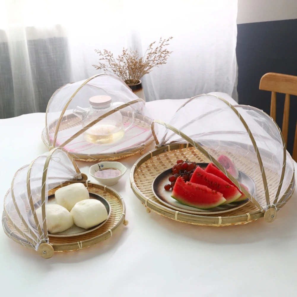 Outdoor Furniture Manufacturer - 竹編みバスケット防蚊帳果物野菜バスケットちりとりテントバスケットトレイポータブル屋外ピクニックメッシュネットカバー