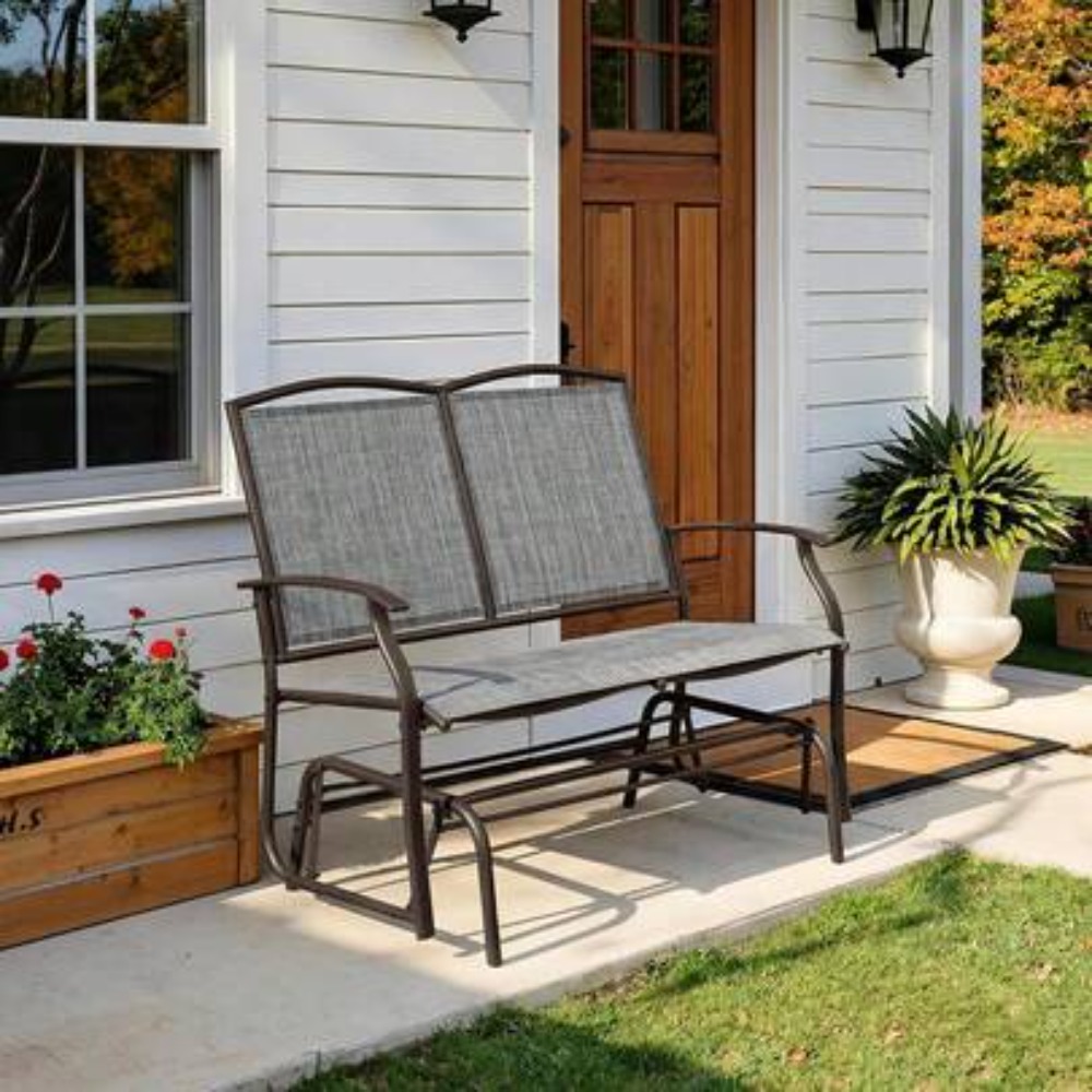 Garden Bench Metal - 屋外用グライダーベンチ 2人用パティオグライダーチェア、頑丈なスチールフレームのロッキングラブシート、裏庭、ポーチ、プールサイド、ガーデンデッキ用グレークッション、耐荷重500ポンド、全天候型