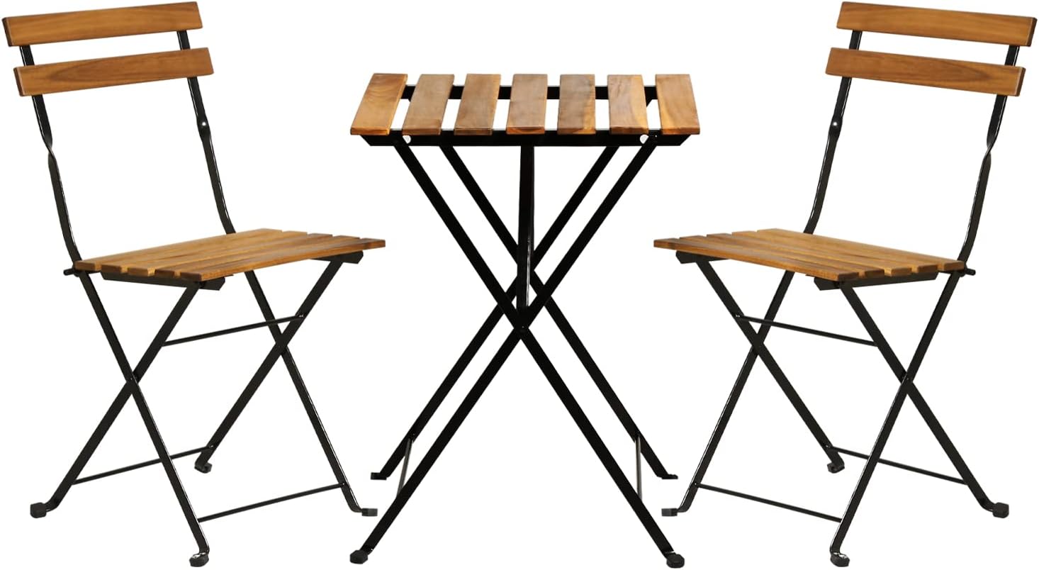 Bistro Table Set - 天然木製3ピース折りたたみ式パティオビストロセット（テーブル1台と折りたたみ式椅子2脚）、アパート、芝生、バルコニー、裏庭での日常の休息に最適な省スペース小型屋外家具