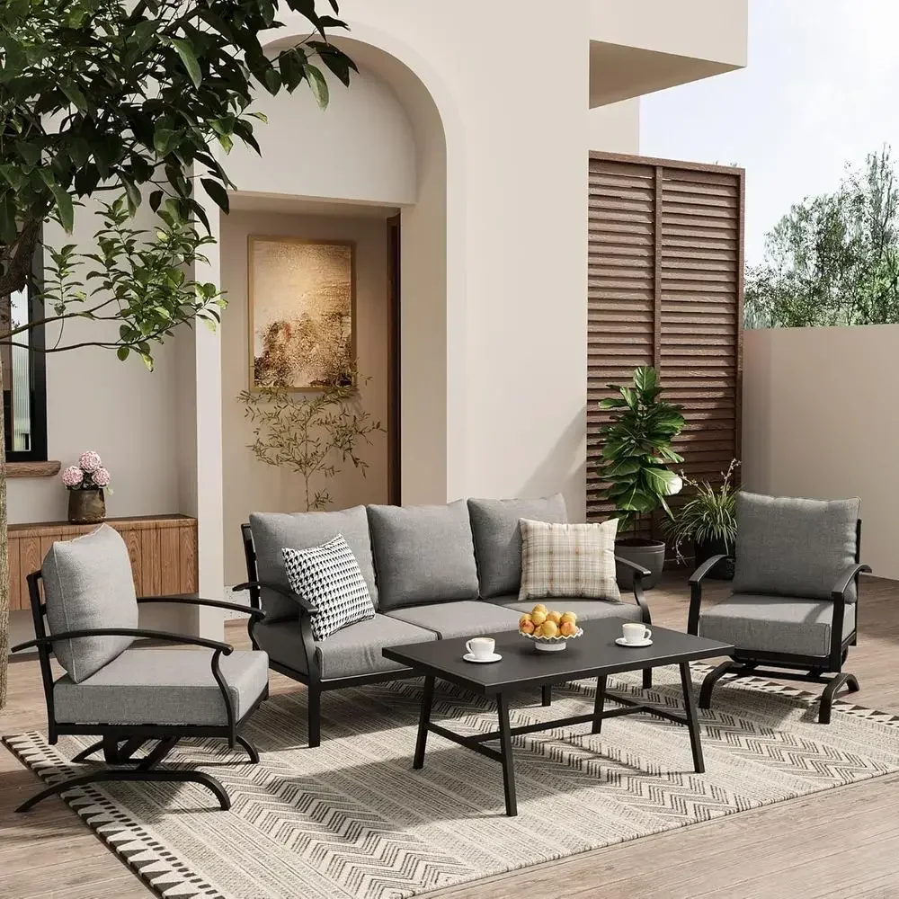Outdoor Furniture Metal Chairs - グレーの屋外用金属製パティオ家具セット（コーヒーテーブルとロッキングチェア付き）、ポーチ、裏庭、プールサイドに最適