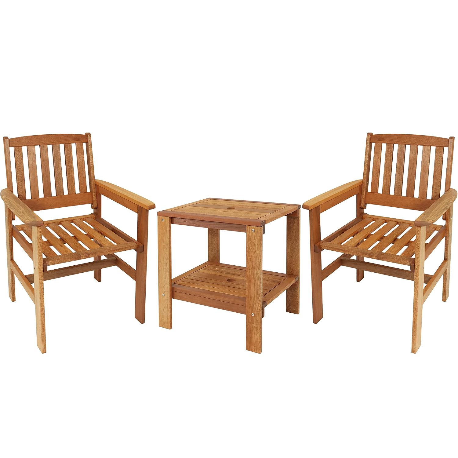Outdoor Furniture Oil - 3ピース木製パティオセット（椅子2脚とテーブル）、チークオイル仕上げ、メランティ材、組み立て簡単、屋外デッキ・裏庭用、カスタマイズ可能