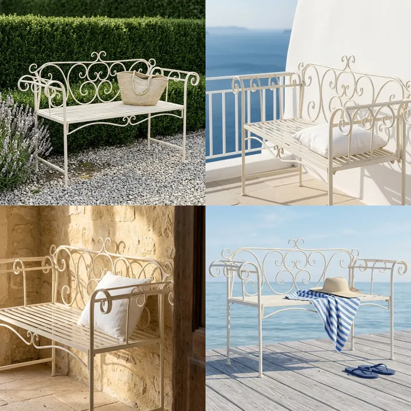Garden Bench Metal - 白い錬鉄製の屋外ベンチ レトロな2人掛けガーデンパティオ家具 ダブルシート背もたれ付き 中庭バルコニー用