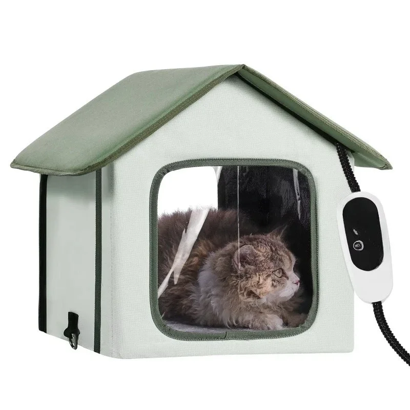 Outdoor Furniture Types - グリーンSタイプ高床式暖房付き猫ハウス、屋外子猫用シェルターとヒートパッド付きペット家具