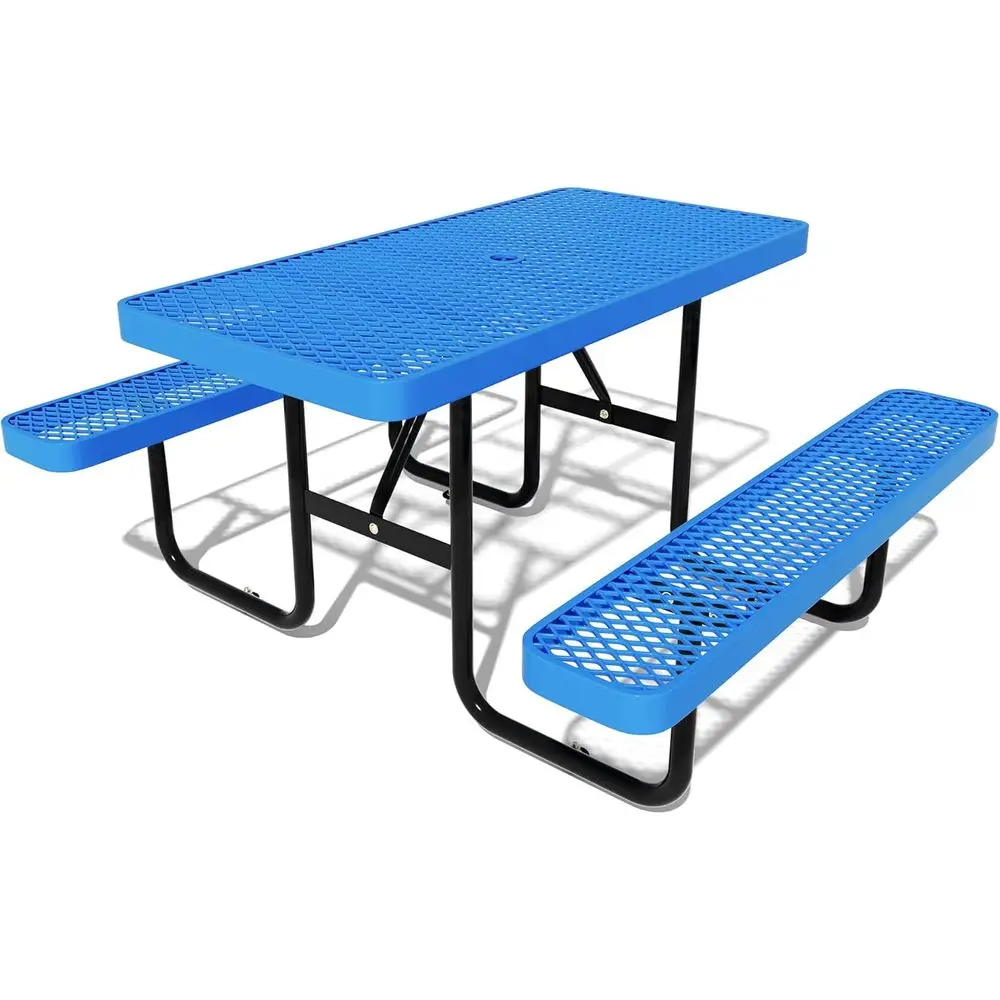 Garden Bench Metal - 頑丈な青色の屋外用金属製ピクニックテーブルセット（ベンチと傘立て付き）、学校の食堂や庭での使用に最適