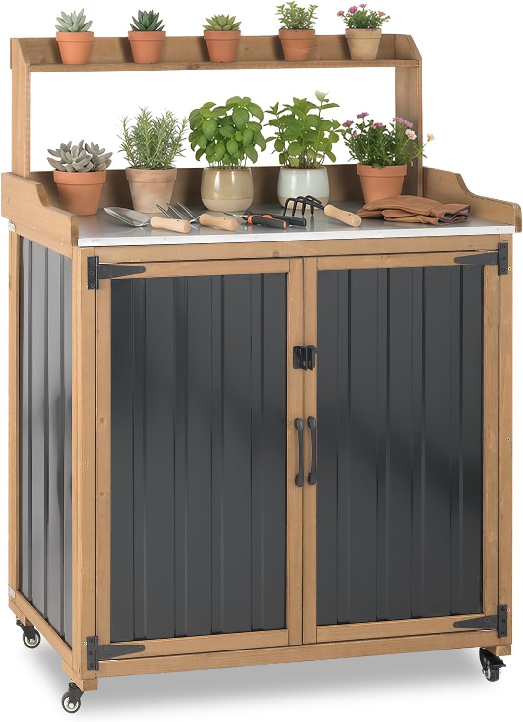 ポッティングベンチテーブル 屋外収納キャビネット ロック付き - Garden Bench Metal のレビューと価格