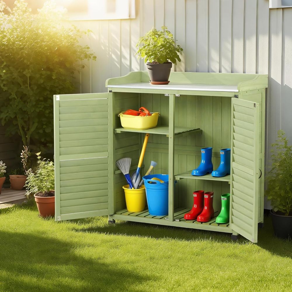 金属製の作業台付き屋外植木鉢置き台、防水ガーデン収納キャビネ - Garden Bench Metal のレビューと価格