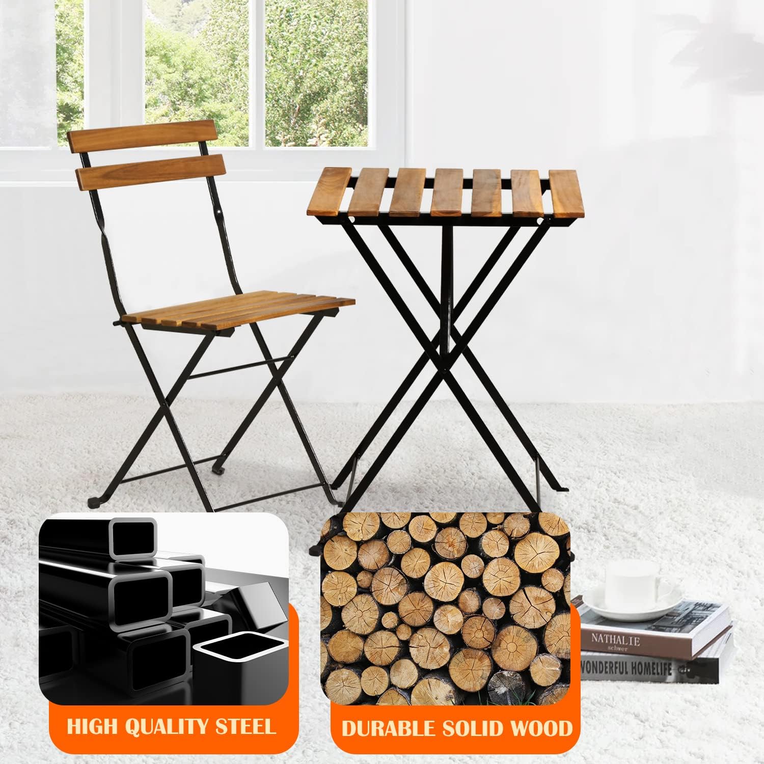 天然木製3ピース折りたたみ式パティオビストロセット（テーブル - Bistro Table Set のレビューと価格