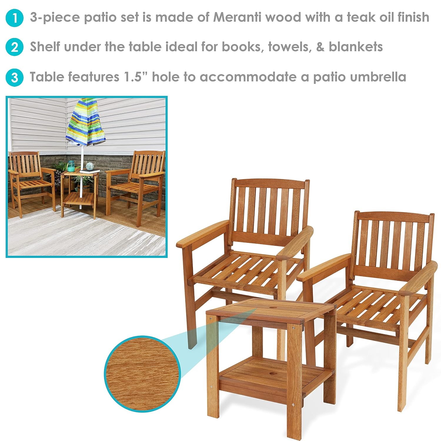 3ピース木製パティオセット（椅子2脚とテーブル）、チークオイ - Outdoor Furniture Oil のレビューと価格