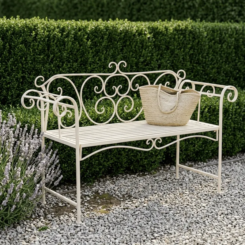 白い錬鉄製の屋外ベンチ レトロな2人掛けガーデンパティオ家具 - Garden Bench Metal のレビューと価格