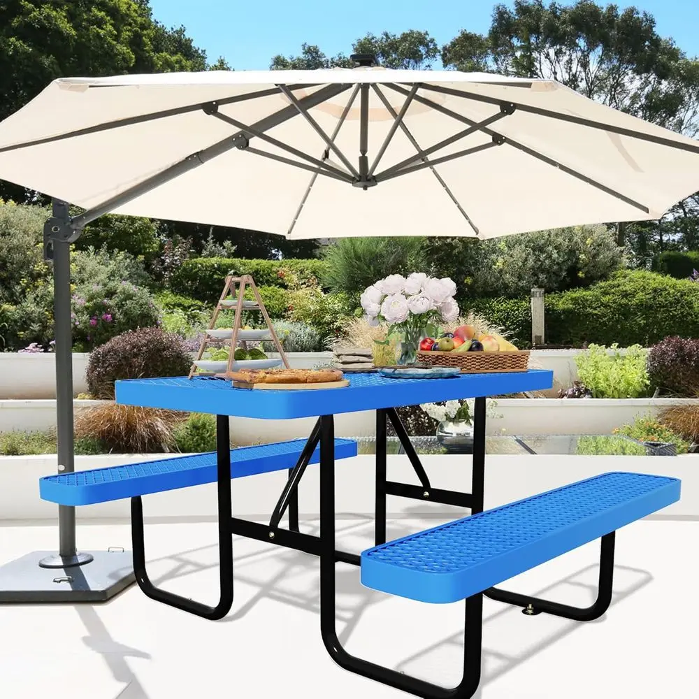 頑丈な青色の屋外用金属製ピクニックテーブルセット（ベンチと傘 - Garden Bench Metal のレビューと価格