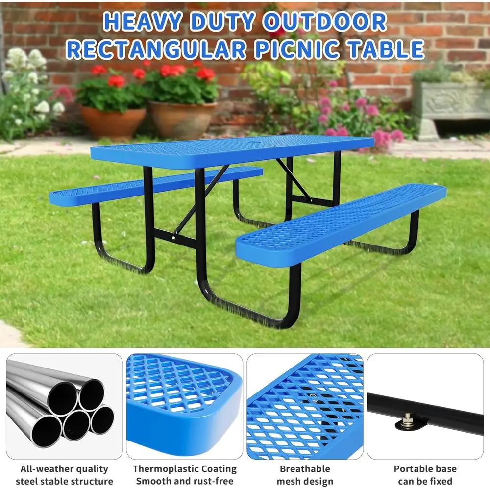頑丈な青色の屋外用金属製ピクニックテーブルセット（ベンチと傘 - Garden Bench Metal のレビューと価格